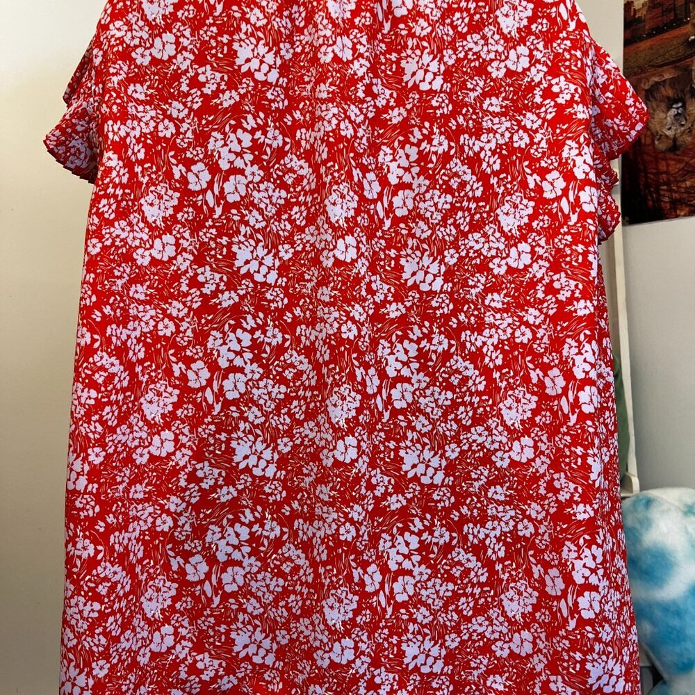 VOY Orange White Floral Ruffle Sleeve V Neck Blouse Size Medium - Picture 2 of 5